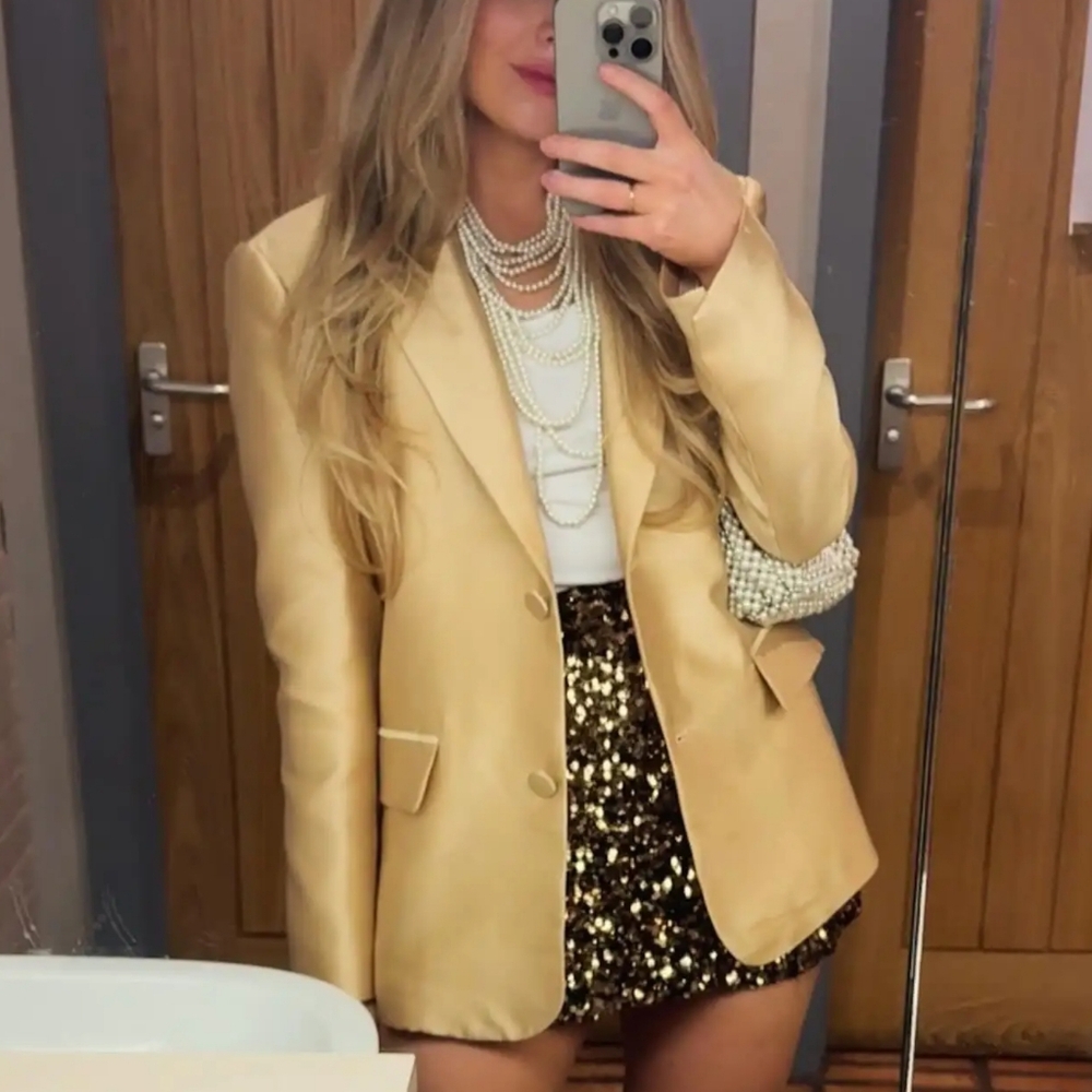 Blazer Tops Gold Turn-Down Collar Long Sleeves Pockets Single Breasted Female - Picture 9 of 9